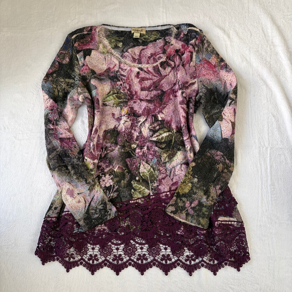 One World Romantic Floral Lace Hem Tunic Women's L Purple Multi Whimsygoth Y2K